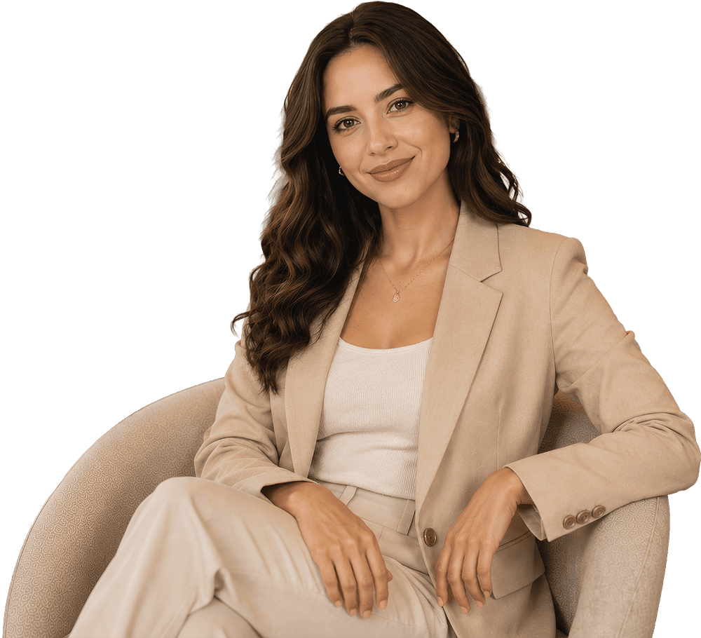 Mujer sentada, con look elegante representando liderazgo de Fuller El Salvador: productos de belleza, hogar y bienestar. Mujer sentada, con look elegante representando liderazgo de Fuller El Salvador: productos de belleza, hogar y bienestar.